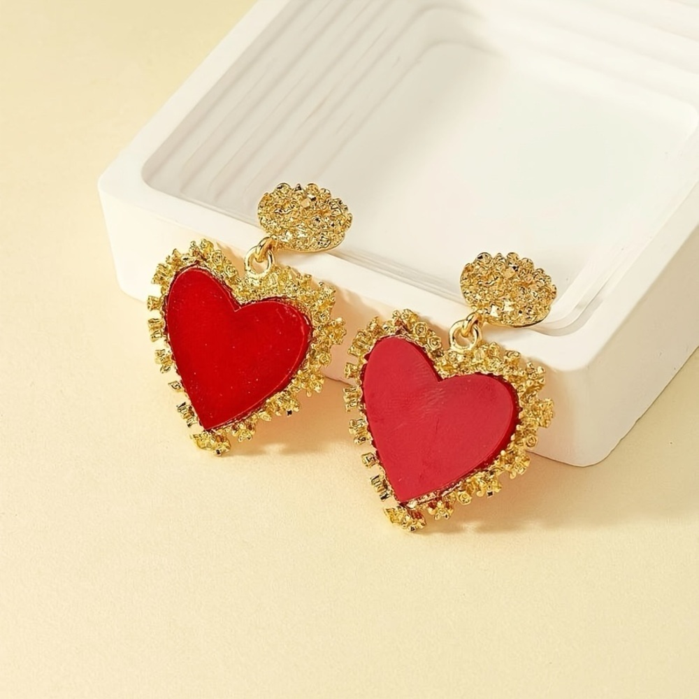 Glam Gold & Red Heart Earrings Romantic Drop - Picture 5 of 6